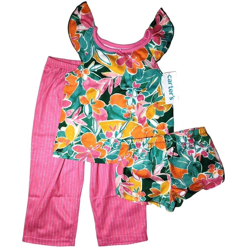 Carter's Toddler 3T Flower 3pc Loose Pajama Set Polyester‎ Pants Shorts Tropical